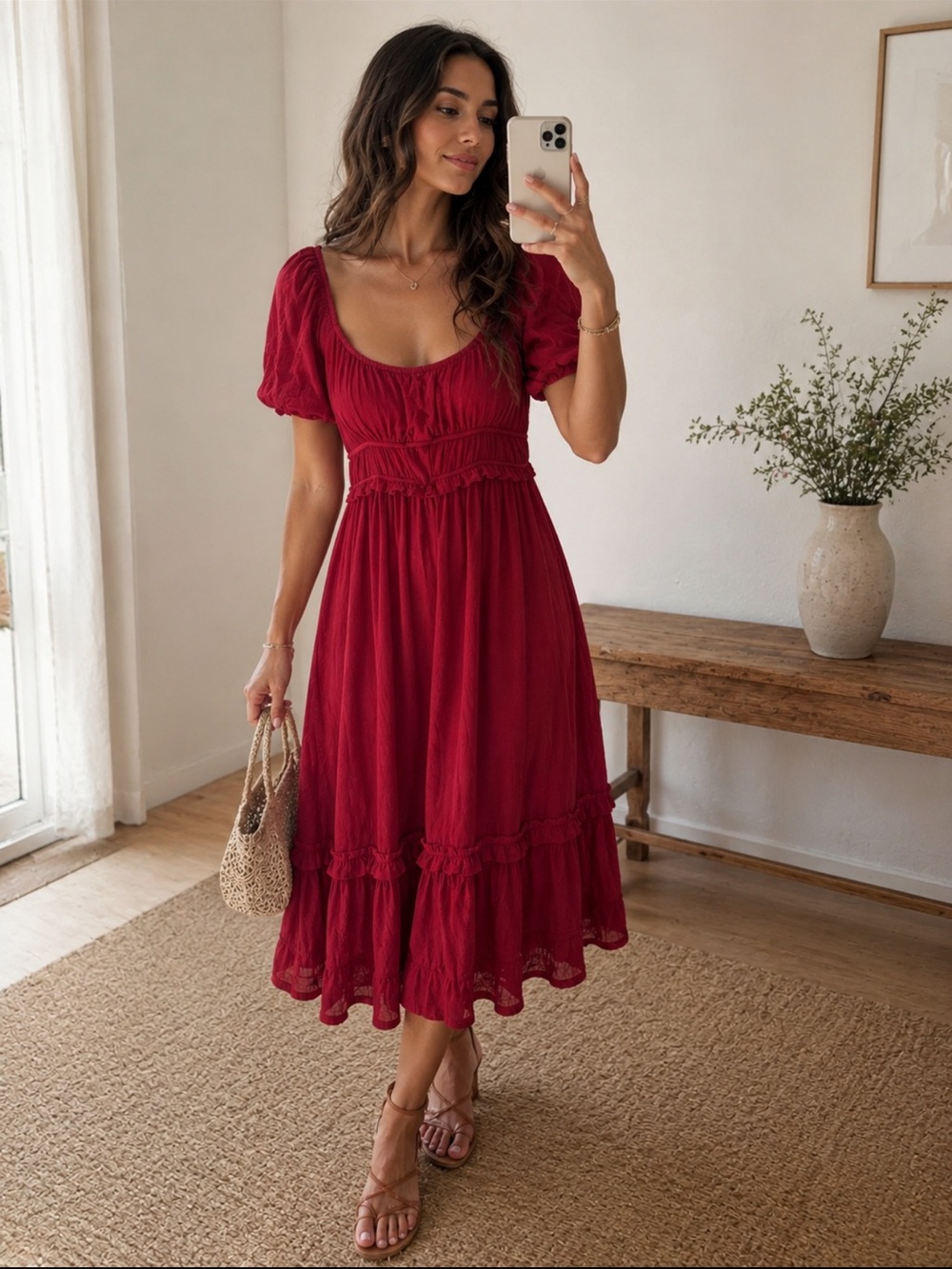 August Sky Red Smocked Empire Waist Midi Dress Large Romantic